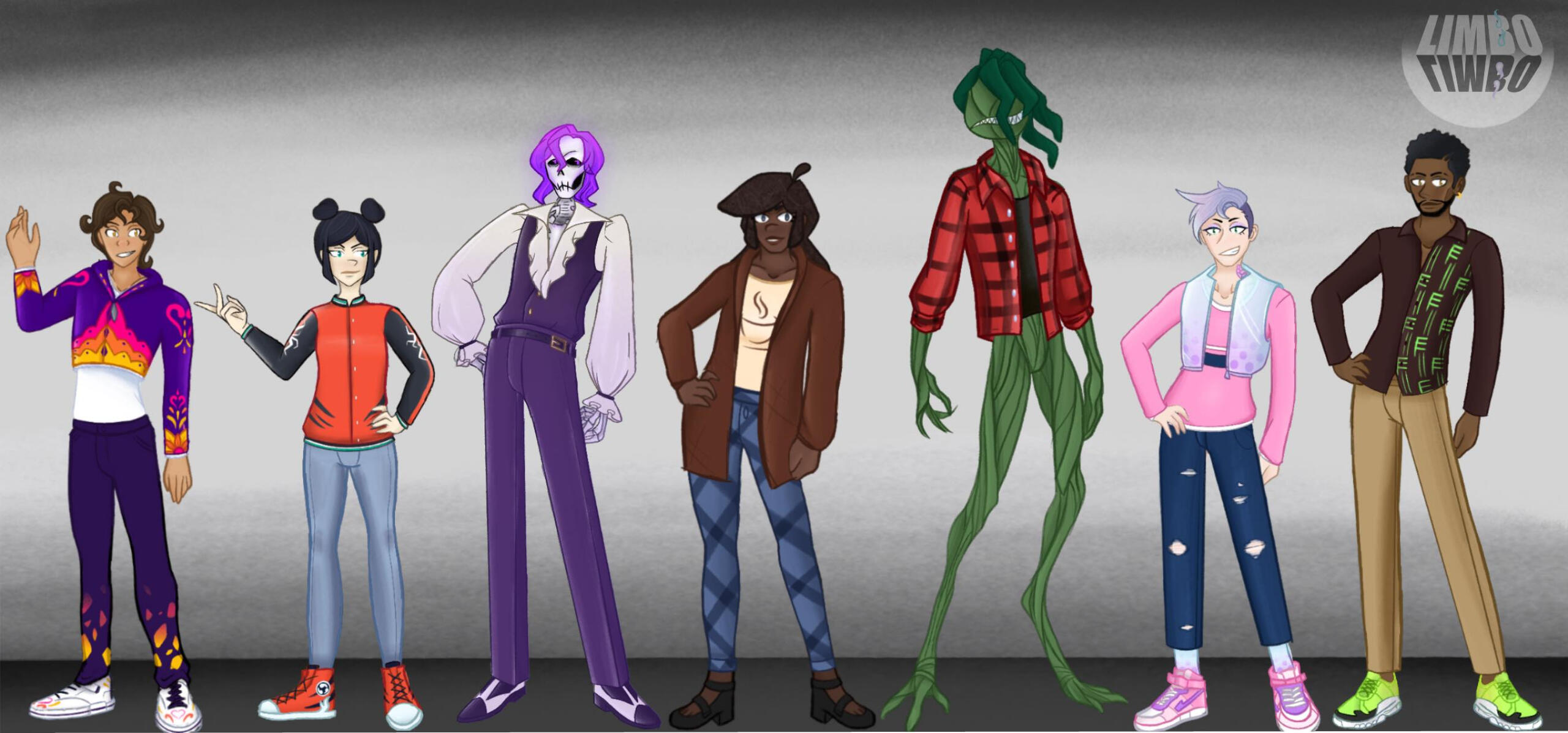 A lineup of characters from my main story called "Limbo," which explores the relationship between life and death through ghostly personalities.