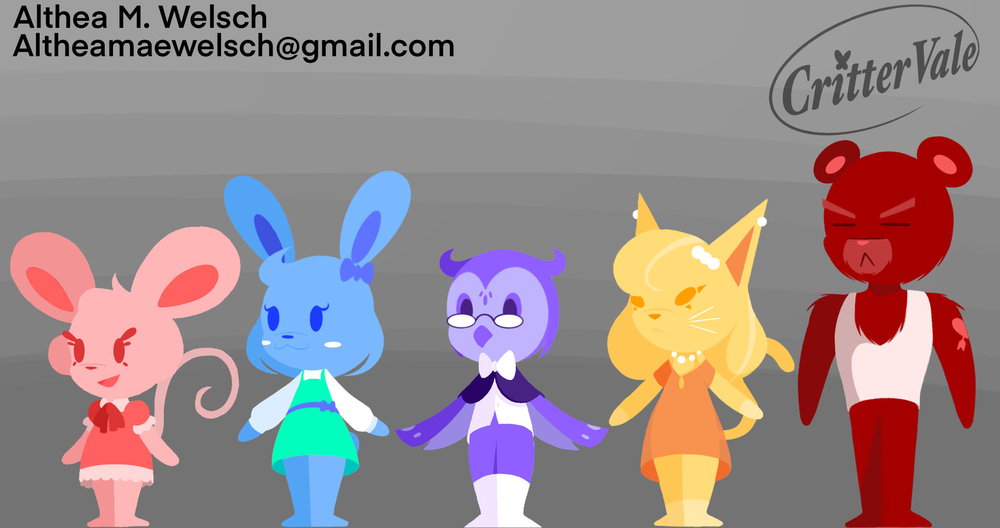 A lineup of characters for a small story concept of anthropomorphic animals living in a suburban town